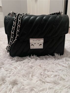 Michael Kors Black Quilted Leather Shoulder Bag with Silver Chain